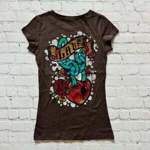 New Vocal Apparel Womens Crystal Brown Heart LOVE Lightweight T Shirt S Small
